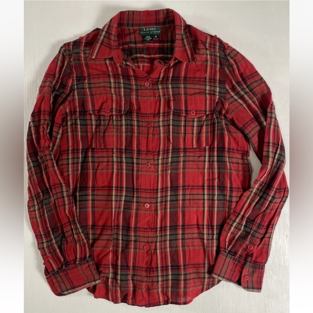 HOLIDAY LAUREN RALPH LAUREN Button Down Shirt Women’s M‎ Red Plaid Lightweight